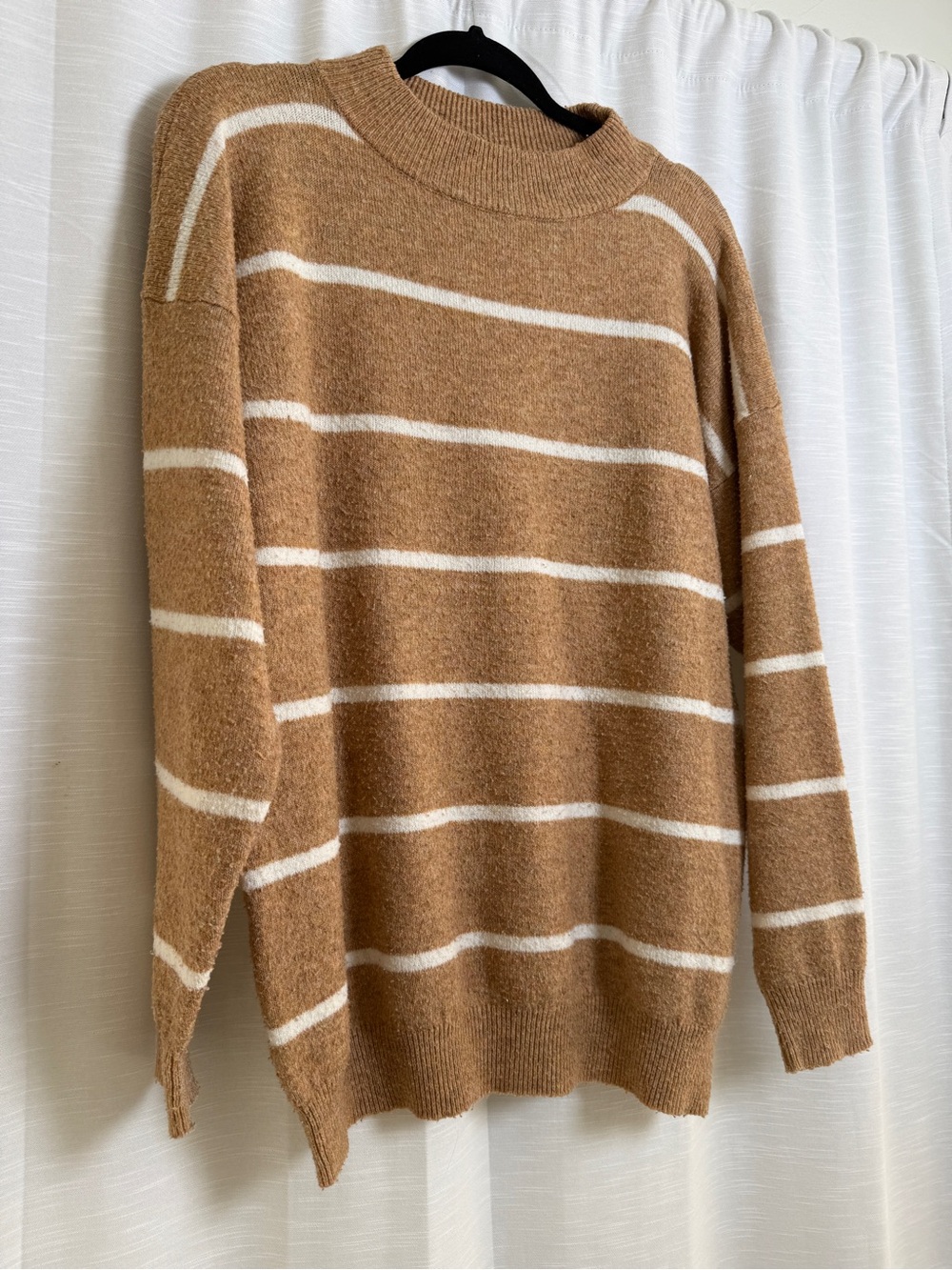 A New Day Tan & Cream Oversized Striped Mock Neck Cozy Sweater | Size XS - Picture 6 of 10